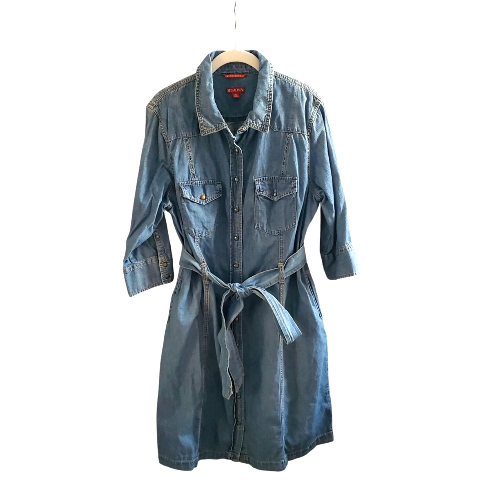 Merona Denim Button Down Belted Dress With Pockets XL